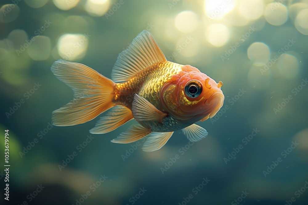 A Single Goldfish Swims in a Tank with a Bokeh Background A Single Goldfish Swims in a Tank with a Bokeh Background