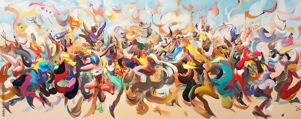Fototapeta premium Panoramic view of colorful festive celebrations, amid swirling abstract art, vibrant hues blending together, creating a lively atmosphere, digital painting with fluid brushstrokes