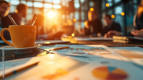A warm cup of coffee sits on table surrounded by business documents and charts, capturing productive meeting atmosphere as sunlight streams through windows