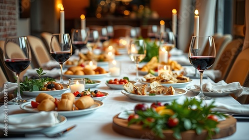 Elegant Dinner Setup with Wine and Gourmet Dishes