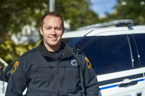 Man, portrait and brave officer on duty, outdoor and uniform for responsibility in urban city. Male person, law enforcement and cop for public service of security, fearless and authority in town