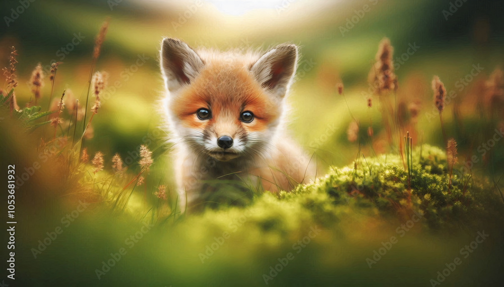 Obraz premium A cute fox cub sits amidst greenery, its curious eyes watching attentively in a tranquil meadow