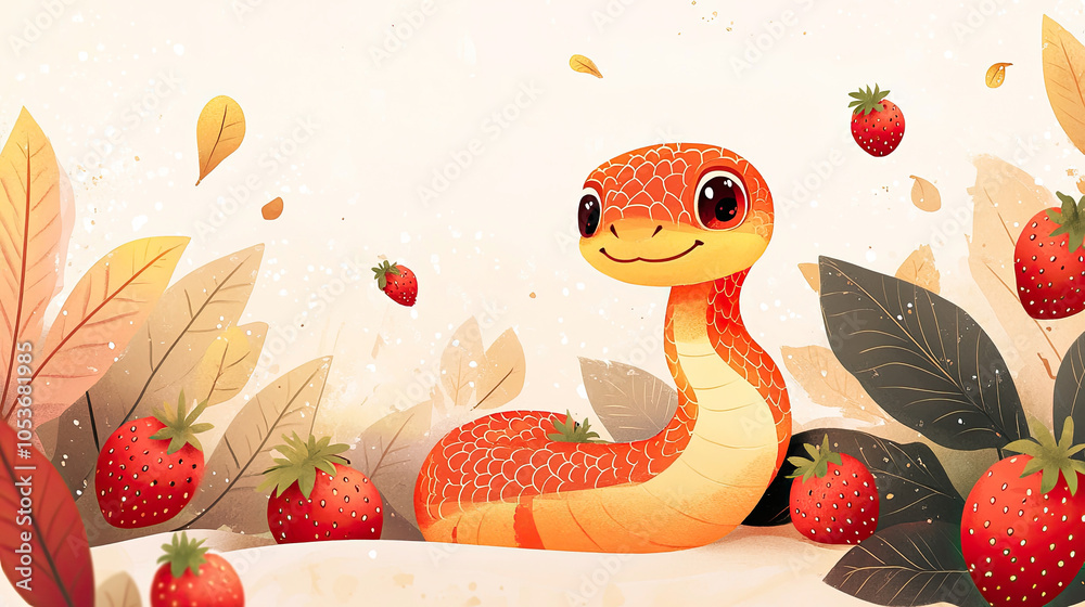 Obraz premium Cute snake and strawberry, Chinese New Year