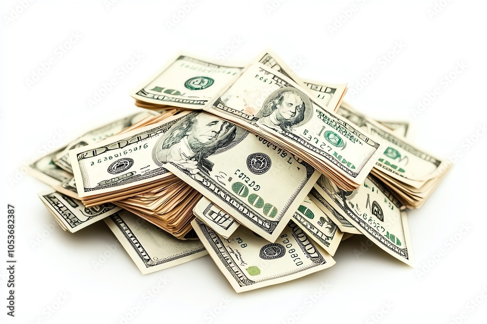 A pile of hundred-dollar bills arranged on a white background, symbolizing wealth, financial success, and prosperity. A pile of hundred-dollar bills arranged on a white background, symbolizing wealth, financial success, and prosperity.