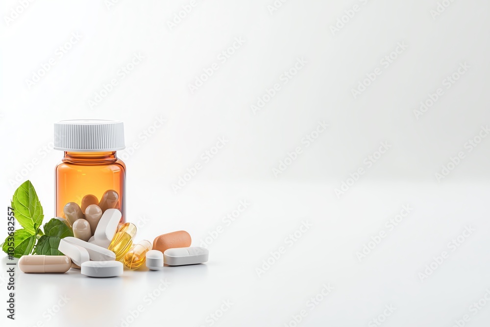 Assorted pills and a brown glass bottle with fresh herbs on a white background, highlighting natural medicine and healthcare concepts. Assorted pills and a brown glass bottle with fresh herbs on a white background, highlighting natural medicine and healthcare concepts.