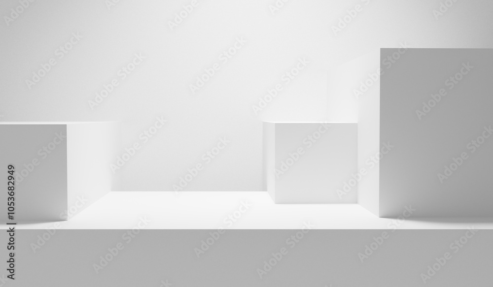 White table. White background. White abstract empty forms. Blank white wall with copy space table - mock up for design and product placement with spotlight illuminated White table. White background. White abstract empty forms. Blank white wall with copy space table - mock up for design and product placement with spotlight illuminated