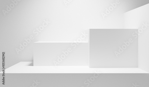 White table. White background. White abstract empty forms. Blank white wall with copy space table - mock up for design and product placement