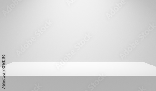 White table empty background. White illuminated table with spotlight and empty white wall copy space. White mock up podium stage platform - place for design and products.