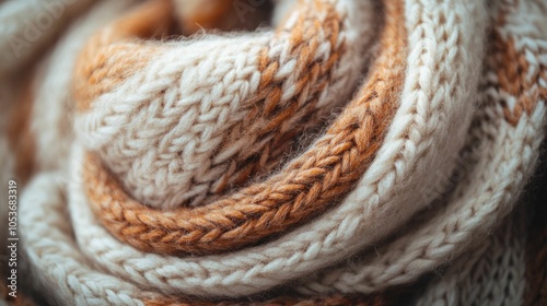 Closeup of a beautifully textured handknitted wool scarf in warm neutral tones captured in soft natural lighting  The cozy and comfortable fabric creates an aesthetic photo