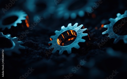 A close-up of metallic gears with an alluring blue and orange glow, symbolizing mechanics, industry, and intricate engineering. photo