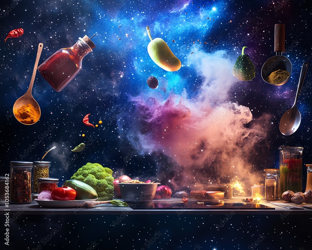 Naklejka premium A magical culinary scene with spices, herbs, and vegetables floating in a starry sky, creating a sense of wonder and deliciousness.