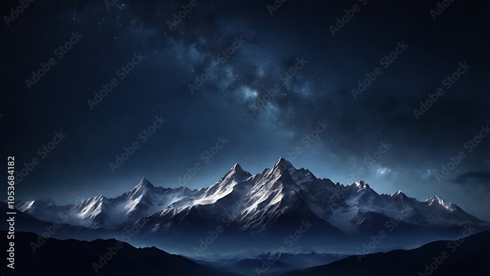 A silhouette of snowy mountains under a dark night sky with soft starlight, providing clear copy space in the sky. A silhouette of snowy mountains under a dark night sky with soft starlight, providing clear copy space in the sky.