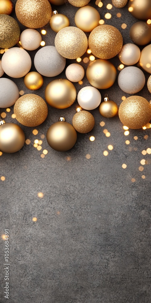 Fototapeta premium A festive arrangement of gold and silver ornaments with sparkling lights against a textured gray background.