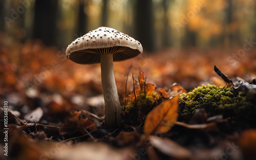 Closeup on ink cap mushroom, slim blackish cap