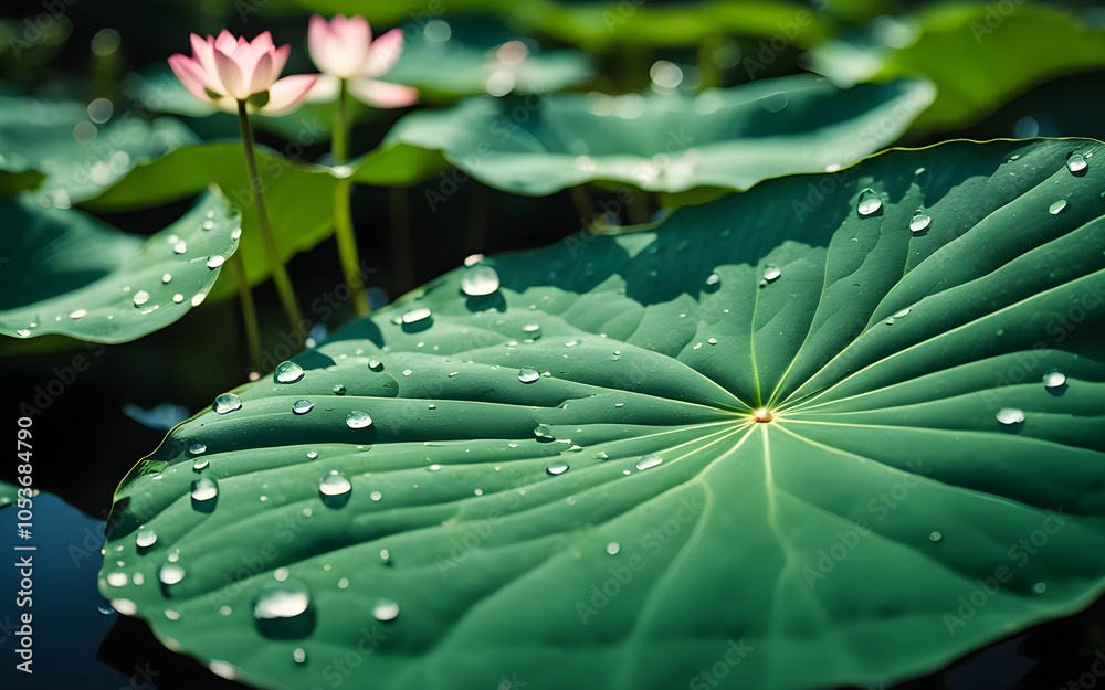 Fototapeta premium Closeup on lotus leaf with water droplets