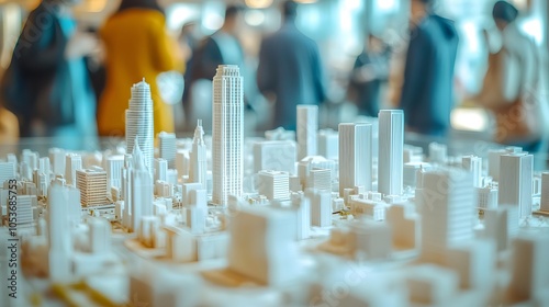 Wallpaper Mural Architectural scale model of modern city buildings, white miniature structures on presentation table, blurred business people, urban planning model, tilt-shift effect. Torontodigital.ca