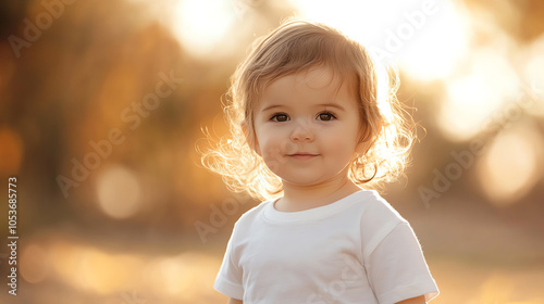 Adorable 1-Year-Old Girl in White T-Shirt Smiling Outdoors in Autumn