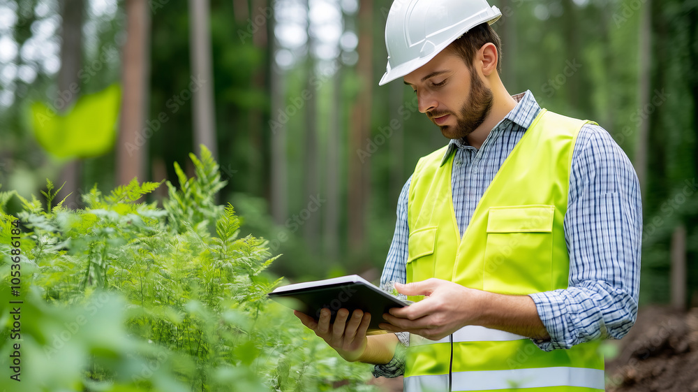 Fototapeta premium A natural energy engineer examines biomass resources in a lush forested area