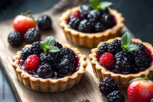 Delicious berry tarts topped with fresh blackberries and raspberries on a wooden platter.