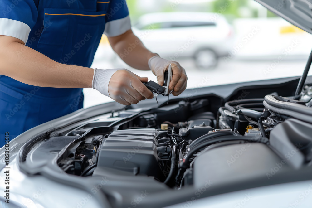 Obraz premium A mechanic expertly servicing a truck engine in a busy workshop