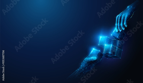 Abstract illustration of two low poly hands put missing cubes to construction. Blue geometric background depicting problem solving, synergy partnership and teamwork concept by wireframe mesh