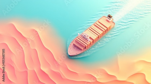 Top view cargo ship navigation in pastel 3D render, Import-export logistics, flat design for modern shipping concepts, The cargo ship is running with beautiful waves 