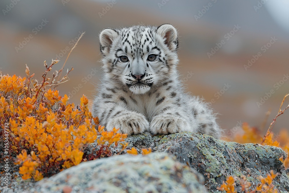 Obraz premium A Snow Leopard Cub Resting on a Rocky Outcrop