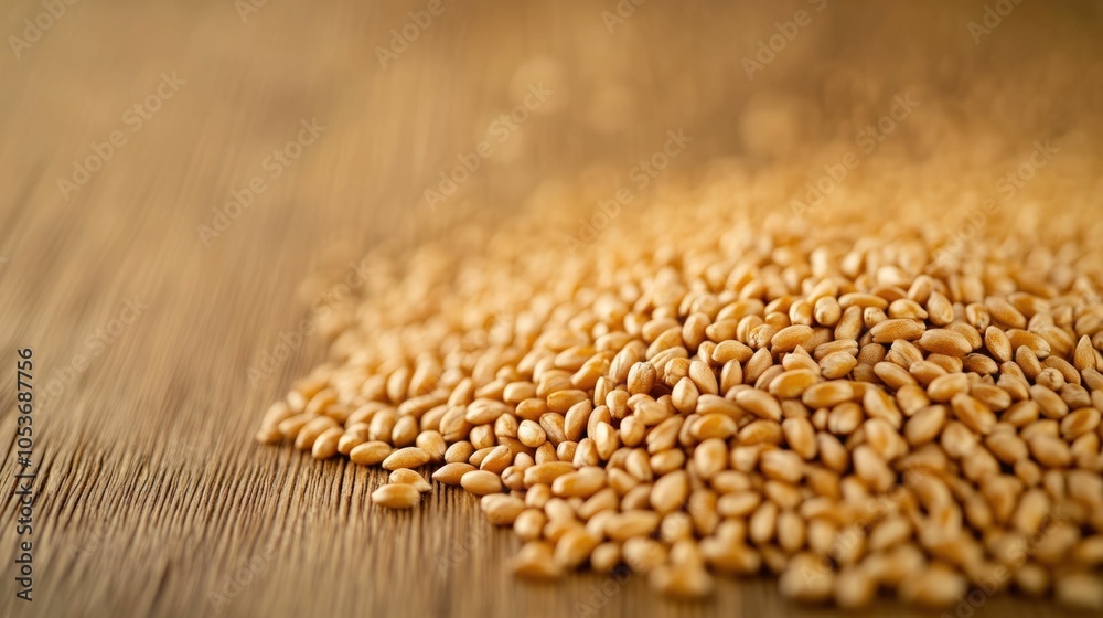 Obraz premium Close up photo of scattered golden wheat grains piled on a rustic wooden table Deep depth of field creates a soft blurred background focus on the detailed texture and pattern of the wheat kernels