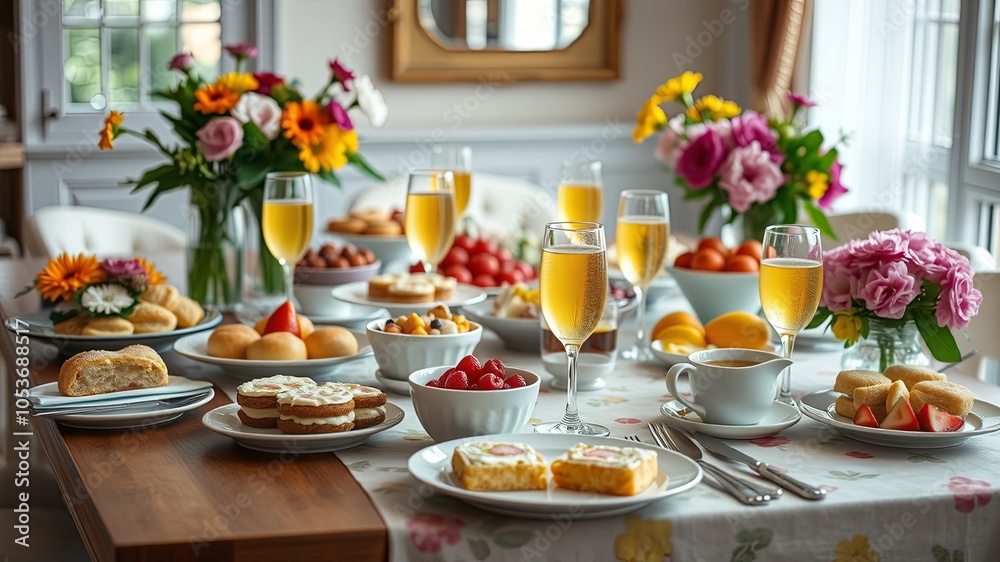 Delightful Brunch Setup with Fresh Flowers and Treats Delightful Brunch Setup with Fresh Flowers and Treats