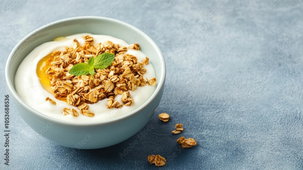 Fototapeta premium Delightful Top View of a Breakfast Bowl Filled with Creamy Yogurt Crunchy Granola and Drizzled Honey A Healthy Wholesome and Appetizing Morning Meal