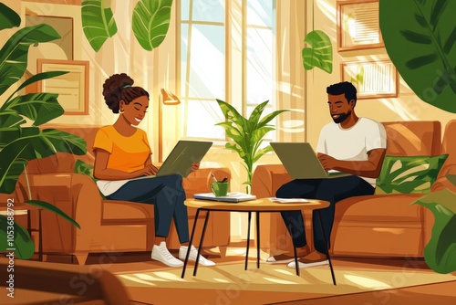 Doing Paperwork. Black Couple Work from Home with Documents and Laptop