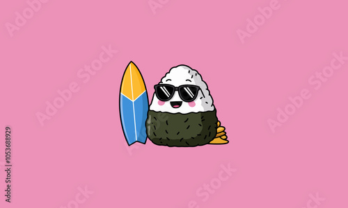 Cute onigiri character with sunglasses and a surfboard.