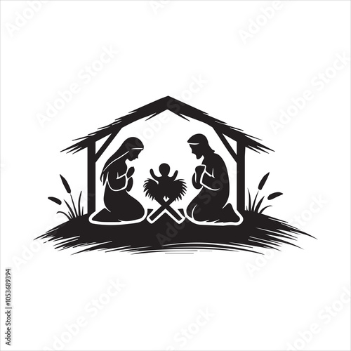 Nativity scene Silhouette ClipArt - Nativity of Jesus Vector illustration in black and white
