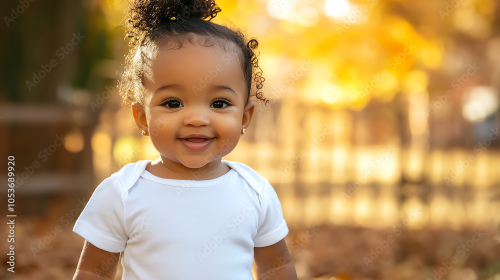 Adorable 1-Year-Old Girl in White T-Shirt Smiling Outdoors in Autumn Adorable 1-Year-Old Girl in White T-Shirt Smiling Outdoors in Autumn