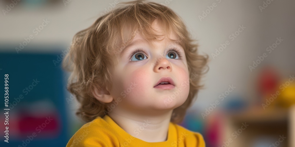 Fototapeta premium Curious child looking upwards with a thoughtful expression, indoor setting.