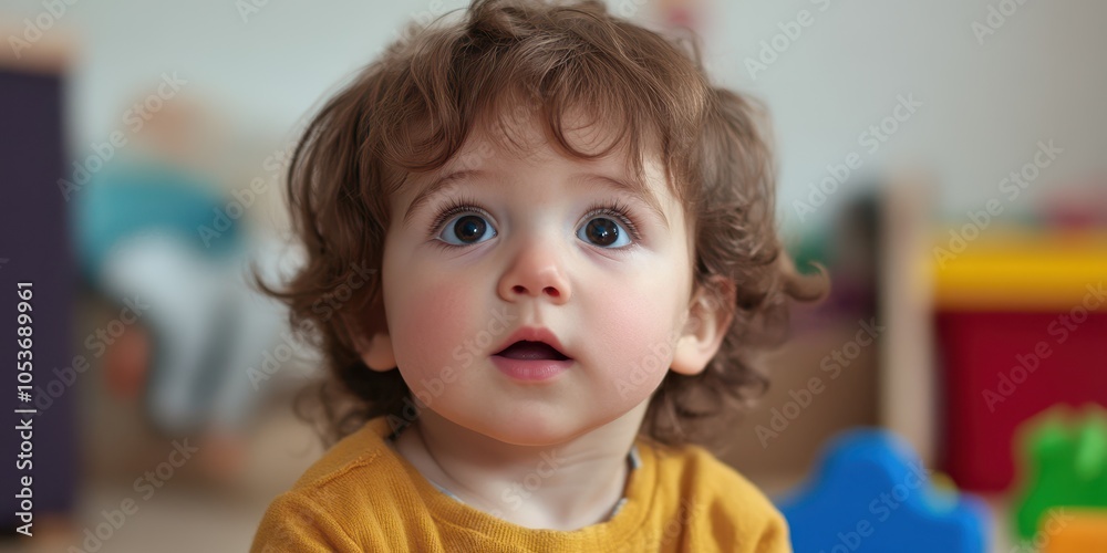 Curious child with curly hair, focused expression, indoor setting. Curious child with curly hair, focused expression, indoor setting.