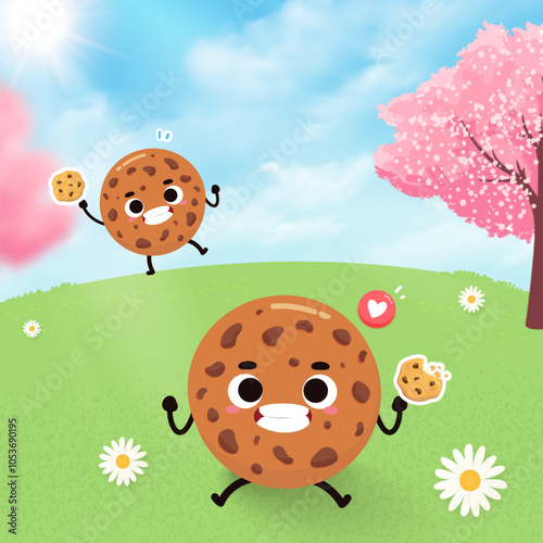 A playful illustration of a ladybug on a flower in a sunny meadow, surrounded by grass, trees, and fluffy clouds, capturing a cheerful summer landscape filled with fun and nature