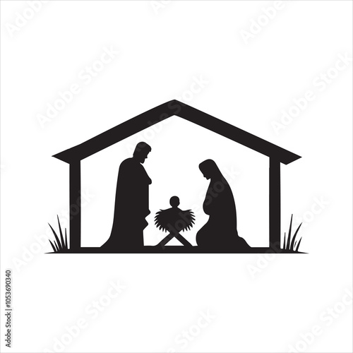 Nativity scene Silhouette ClipArt - Nativity of Jesus Vector illustration in black and white
