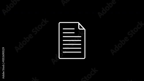 A white document icon with an animated text line is displayed on a black background. Alpha channel.