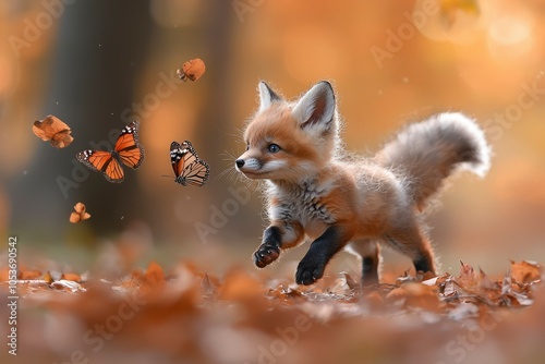 A Curious Red Fox Kit Chases Butterflies in Autumn Leaves photo