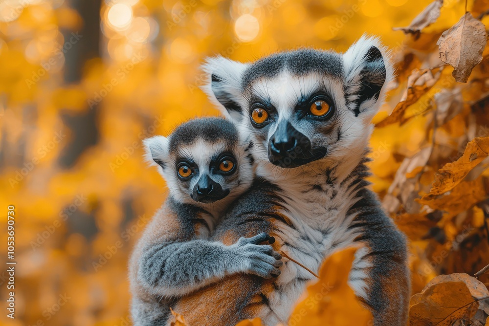 Two Ring-tailed Lemurs Cuddling in Autumn Leaves Two Ring-tailed Lemurs Cuddling in Autumn Leaves