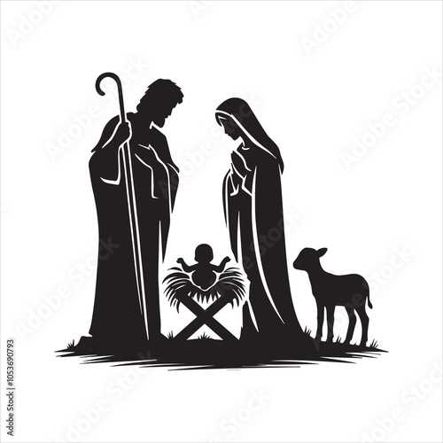 Nativity scene Silhouette ClipArt - Nativity of Jesus Vector illustration in black and white
