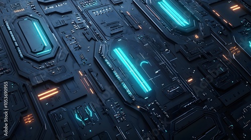 Futuristic circuit board with glowing neon blue traces, dark metallic background, technological texture, cyberpunk aesthetic, geometric tech lines, carbon fiber surface. photo