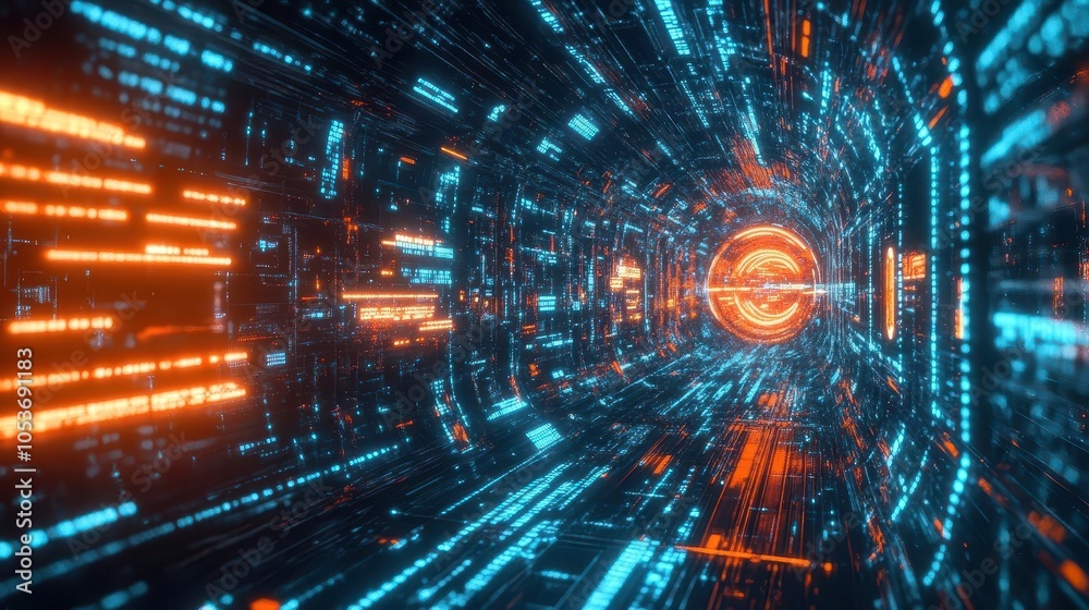 futuristic 3d rendering of a technology concept, showcasing abstract data processing elements with neon lights and a cyberspace environment futuristic 3d rendering of a technology concept, showcasing abstract data processing elements with neon lights and a cyberspace environment
