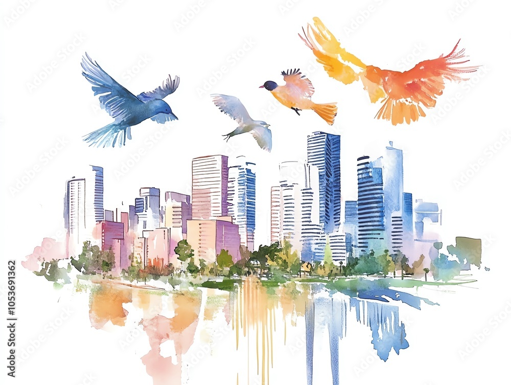 Watercolor illustration of a city skyline with birds flying overhead ...