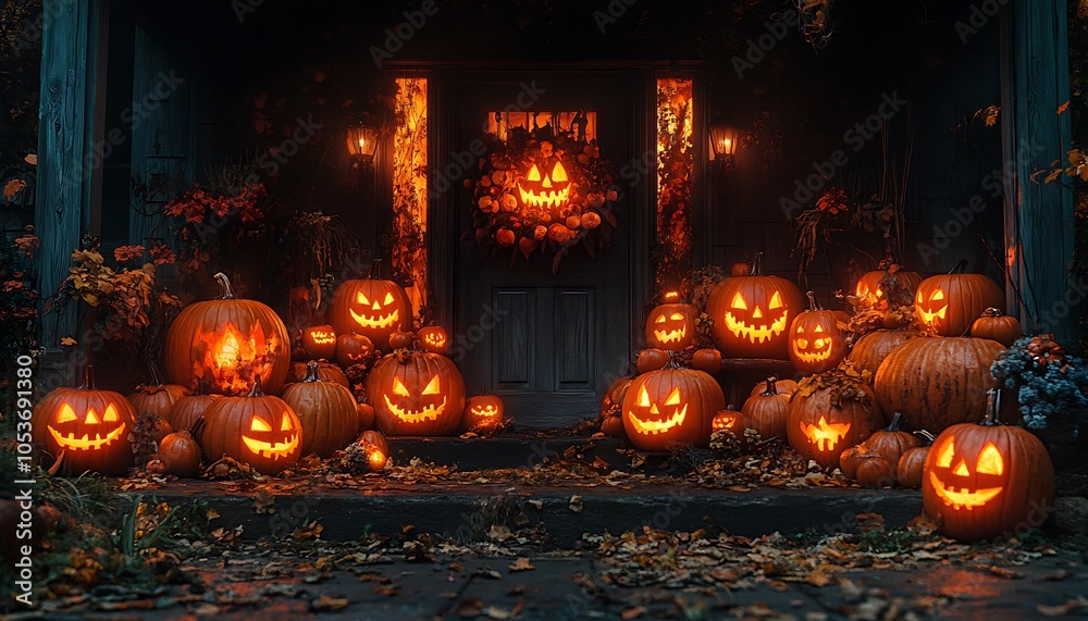 Group of Pumpkins Arranged in Front of a Door. Group of Pumpkins Arranged in Front of a Door.