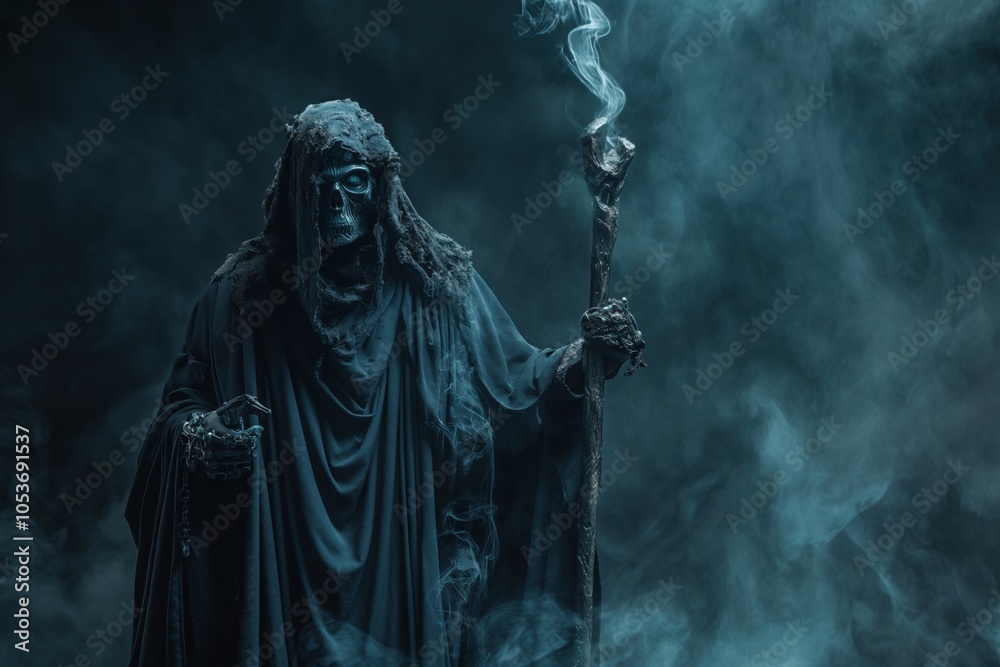 Naklejka premium Skeleton necromancer wearing a dark robe, holding a magic staff and summoning power from the underworld