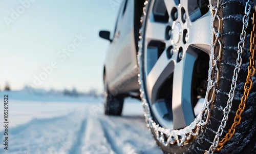 A close-up of a car tire with snow chains installed, ready to navigate icy roads. Eco-friendly winter driving: Safety and sustainability go hand-in-hand.