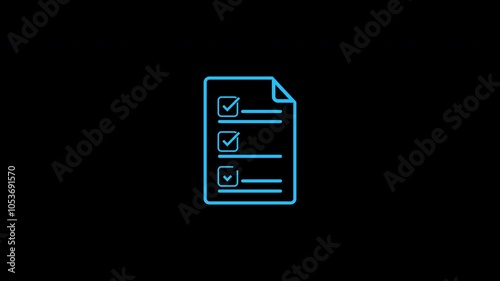 A blue document icon with an animated text line and checkmarks is displayed on a black background. Alpha channel.