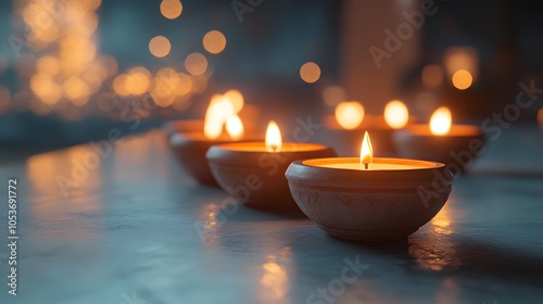 Glowing diya terracotta oil lamps on white marble surface, warm candlelight, soft bokeh background, golden flames, spiritual ambiance, dramatic lighting effect.